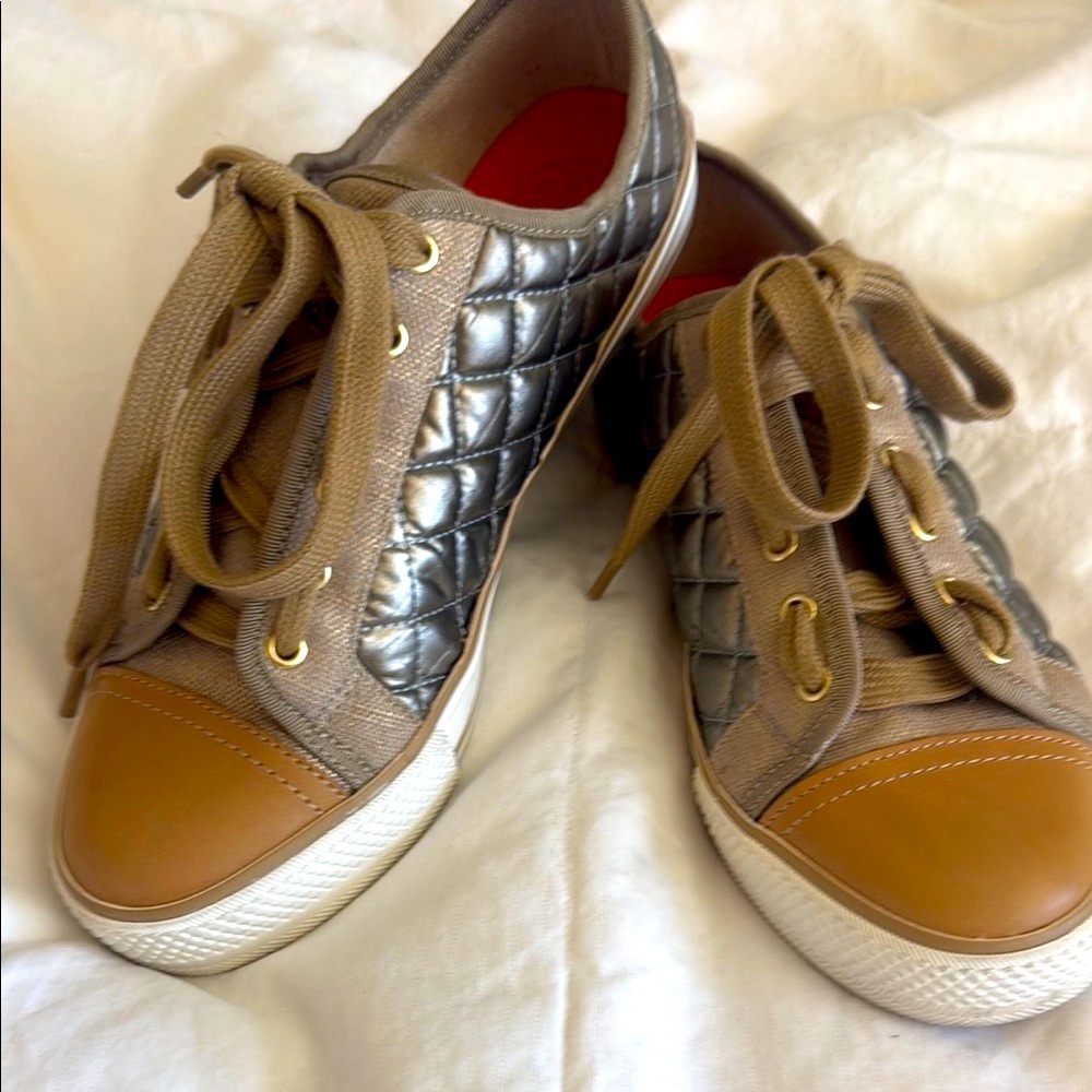 Tory Burch Quilted Sneakers in Metallic and Tan